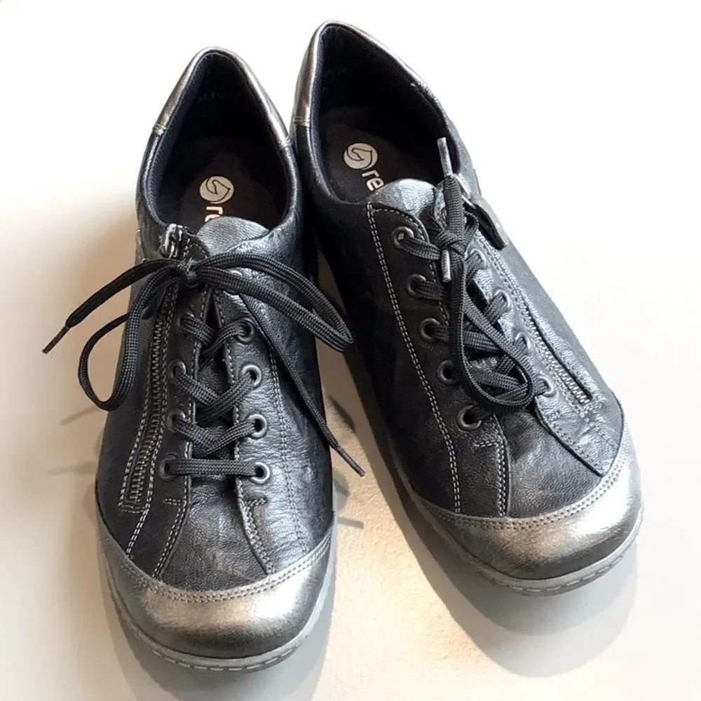 Remonte by Rieker Black Metallic Sheen Leather Zip Side Casual Lace Up Sneakers - Picture 4 of 16